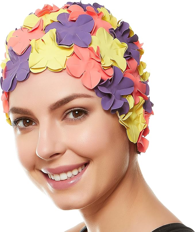BEEMO Floral Petal Ladies Bathing Swim Cap Women Retro Swim Hat Long/Short Hair-StrideForce Fitness