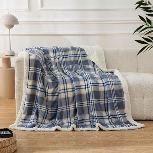PU MEI Sherpa Blanket Queen Plaid Thick Bed Blanket, 80”*90” Super Soft Flannel Fuzzy Fleece Reversible Velvet Plush Warm Blanket for Couch (Blue White Check)-StrideForce Fitness