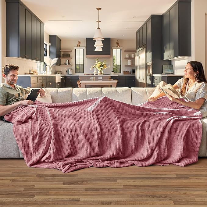 Bedsure 100% Cotton Blanket Queen Size for Bed - Breathable and Soft, Waffle Weave Blanket for Summer, Thick Cozy Fall Blankets for Women Gift, Dusty Rose, 90x90 Inches-StrideForce Fitness