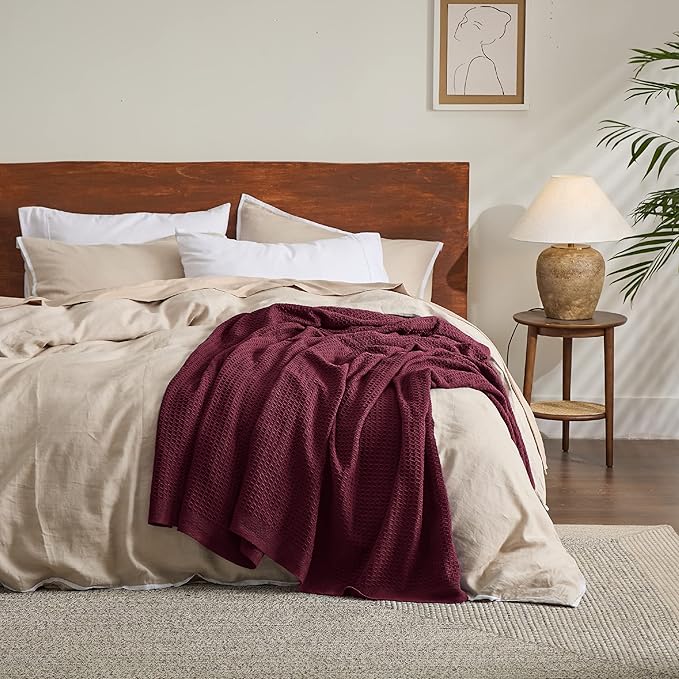 Bedsure 100% Cotton Blanket Twin XL Size for College Dorm - Breathable and Soft, Waffle Weave Twin Blanket for Summer, Dorm Room Essentials, Red, 66x90 inches-StrideForce Fitness