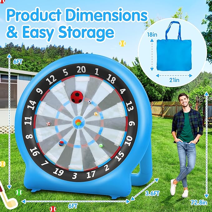 6FT Inflatable Dartboard, Giant Kick Darts Soccer Darts Golf & Throw Dart with Air Pump, Giant Outdoor Games, Blow up Soccer Dart for Yard Party Large Dartboard for Kids & Adults 20+Games-StrideForce Fitness