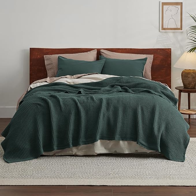 Bedsure 100% Cotton Blanket King Size for Bed - Breathable and Soft, Waffle Weave Blanket for Summer, Thick Cozy Fall Blankets for Women Gift, Dark Green, 104x90 inches-StrideForce Fitness