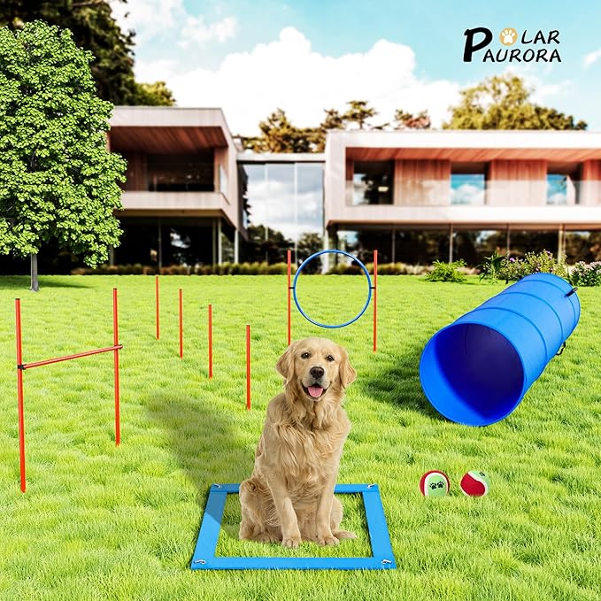Polar Aurora Dog Agility Equipment, Dog Obstacle Courses Backyard - Pet Outdoor Games w/Adjustable High Jump, Agility Weave Poles, Tunnel, Jumping Ring, Pause Box, 2 Balls,Whistle and Carrying Bag-StrideForce Fitness