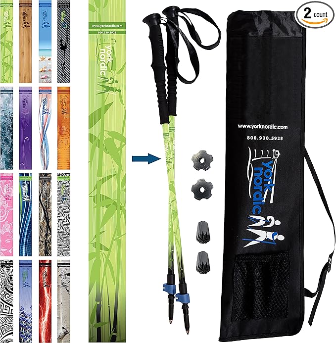 York Nordic Hiking & Walking Poles - Cushion Foam Grips w/Nordic Strap - Lightweight, Adjustable, and Great for Balance -2 Pieces w/Flip Locks, and Travel Bag - Heights 5'4"-6'2"-StrideForce Fitness