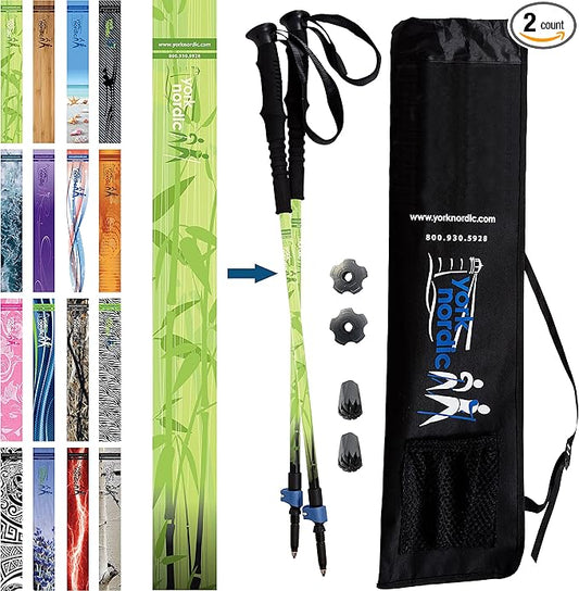 York Nordic Hiking & Walking Poles - Cushion Foam Grips w/Nordic Strap - Lightweight, Adjustable, and Great for Balance -2 Pieces w/Flip Locks, and Travel Bag - Heights 5'4"-6'2"-StrideForce Fitness