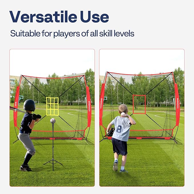 VIVOHOME Baseball Softball Hitting Net with Large Ball Collection System, 7 x 7 ft Baseball Batting Pitching Net with Tee, 2 Strike Zone, Carry Bag-StrideForce Fitness
