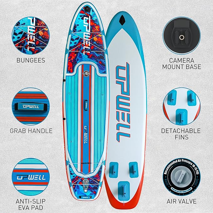 UPWELL 11’6”/11'2”/11'/10'8”/10'6”/10'2” Inflatable Stand Up Paddle Board with sup Accessories Including Backpack, Repairing Kits, Non-Slip Deck, Leash, 3 Fins, Paddle and Hand Pump-StrideForce Fitness