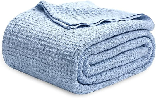 Bedsure 100% Cotton Blanket King Size for Bed - Breathable and Soft, Waffle Weave Blanket for Summer, Thick Cozy Fall Blankets for Women Gift, Sky Blue, 104x90 inches-StrideForce Fitness