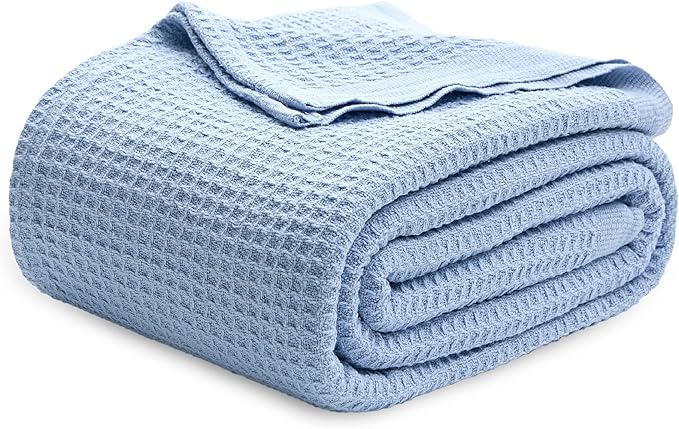 Bedsure 100% Cotton Blanket Queen Size for Bed - Breathable and Soft, Waffle Weave Blanket for Summer, Thick Cozy Fall Blankets for Women Gift, Sky Blue, 90x90 Inches-StrideForce Fitness