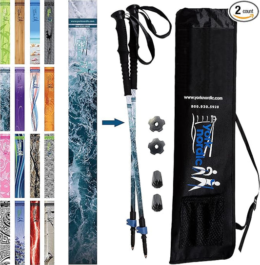 York Nordic Hiking & Walking Poles - Cushion Foam Grips w/Nordic Strap - Lightweight, Adjustable, and Great for Balance -2 Pieces w/Flip Locks, and Travel Bag - Heights 5'4"-6'2"-StrideForce Fitness