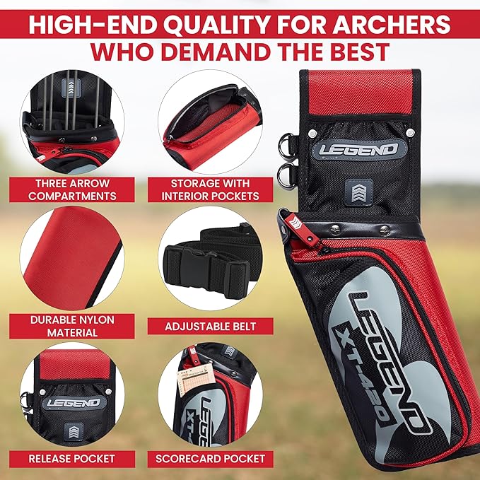 Legend XT420 Field Quiver - Left or Right-Handed Quiver Arrow Holder, Archery Quiver with 3 Arrow Tube, Durable Nylon Hip Quivers with Multiple Pockets for Archery Accessories, Score Card & Tools-StrideForce Fitness