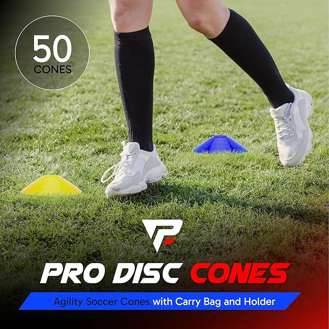 Pro Disc Cones (Set of 50) - Agility Soccer Cones with Carry Bag and Holder for Sports Training, Football, Basketball, Coaching, Practice Equipment, Kids - Includes 15 Best Cone Drills Book-StrideForce Fitness