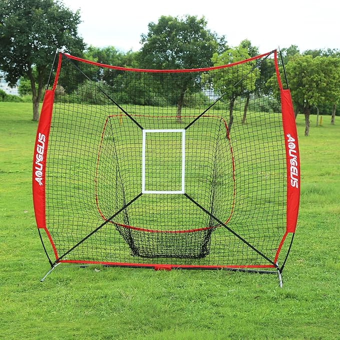7'X7' Baseball Softball Practice Net,Pitching Net,Batting Net,with Baseball Tee,Bonus Strike Zone and Bow Frame,for Hitting,Pitching, Catching-StrideForce Fitness