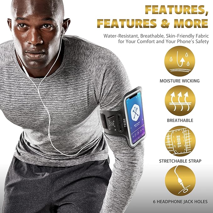 TRIBE Water Resistant Cell Phone Armband Case Running Holder for iPhone Pro Max Plus Mini SE (13/12/11/X/XS/XR/8/7/6/5) Galaxy S Ultra Plus Edge Note (21/20/10/9/8/7/6/5) Adjustable Strap & Key Pocket-StrideForce Fitness