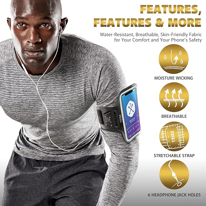 TRIBE Water Resistant Cell Phone Armband Case Running Holder for iPhone Pro Max Plus Mini SE (13/12/11/X/XS/XR/8/7/6/5) Galaxy S Ultra Plus Edge Note (21/20/10/9/8/7/6/5) Adjustable Strap & Key Pocket-StrideForce Fitness