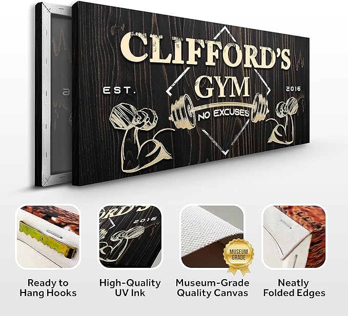 Tailored Canvases Personalized Gym Sign Wall Art Decor - Motivational Canvas for Home Gym, Workout Room, Garage, Fitness Center - Workout Inspirational Posters - Gym Name on Wooden Background, 20x10in-StrideForce Fitness