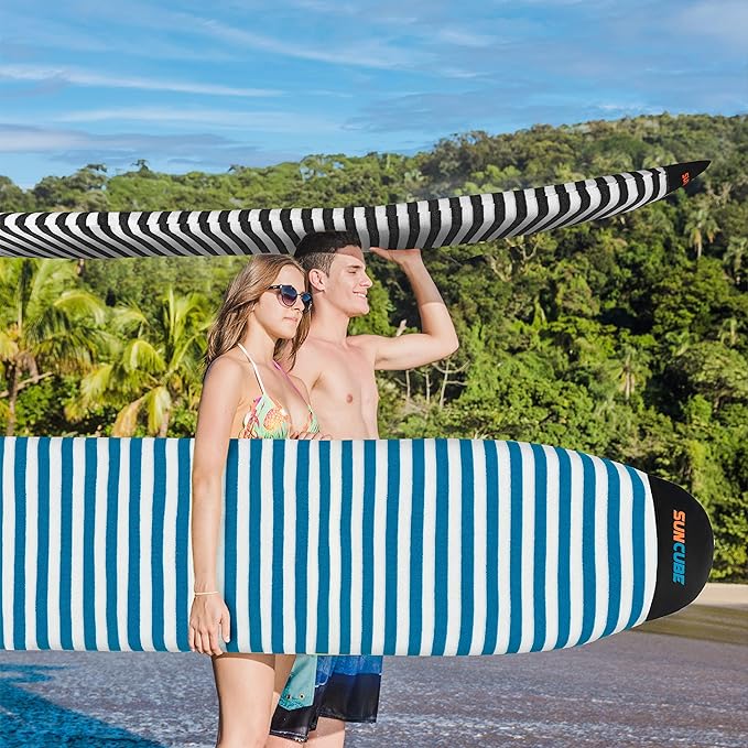 SUN CUBE Surfboard Sock Cover, Protective Surf Bag for Surfing Board, Light Stretchy Surfbag Sleeve for Longboard, Hybrid (8'6'', Black White)-StrideForce Fitness