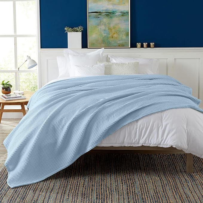 100% Cotton Waffle Weave Queen Bed Blanket | Soft, Breathable, and Lightweight Blanket for All-Seasons | Perfect for Layering | Brielle Collection (Full/Queen, Sky Blue)-StrideForce Fitness