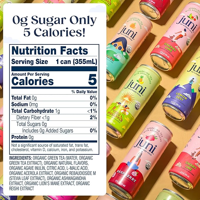Juni Sparkling Adaptogen Drink with Ashwagandha, Lion’s Mane & Reishi Mushrooms | Green Tea for Focus, Zero Sugar, 5 Calories | Decaffeinated, Non Alcoholic Drinks – Variety Pack (12 Pack)-StrideForce Fitness