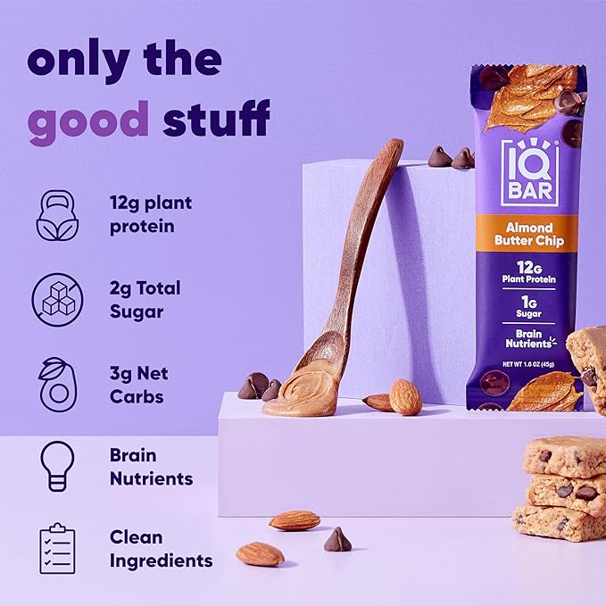 IQBAR Brain and Body Plant Protein Bars - Almond Butter Chip - 24-Count Low Carb - Gluten Free, High Fiber, Vegan Snacks - Low Sugar Meal Replacement-StrideForce Fitness