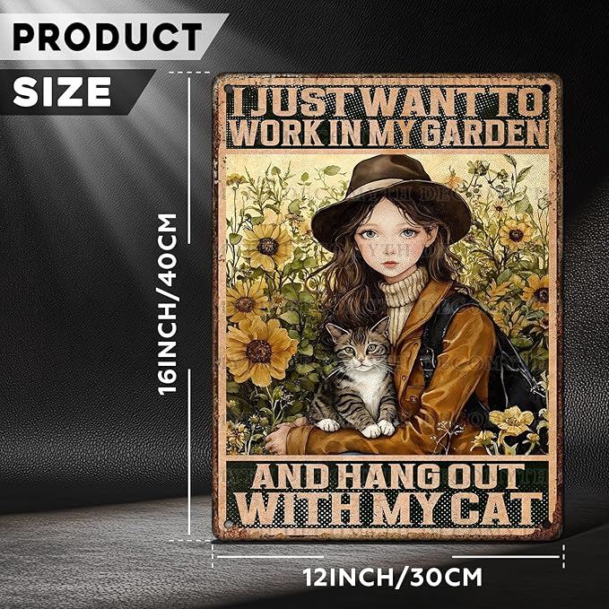 Cat Garden Vintage Tin Sign I Just Want To Work In My Garden and Hang Out With My Cat Retro Metal Tin Sign Sunflower Decor for Home Fence Porch Room Wall Decor Poster 12 * 16inch-StrideForce Fitness