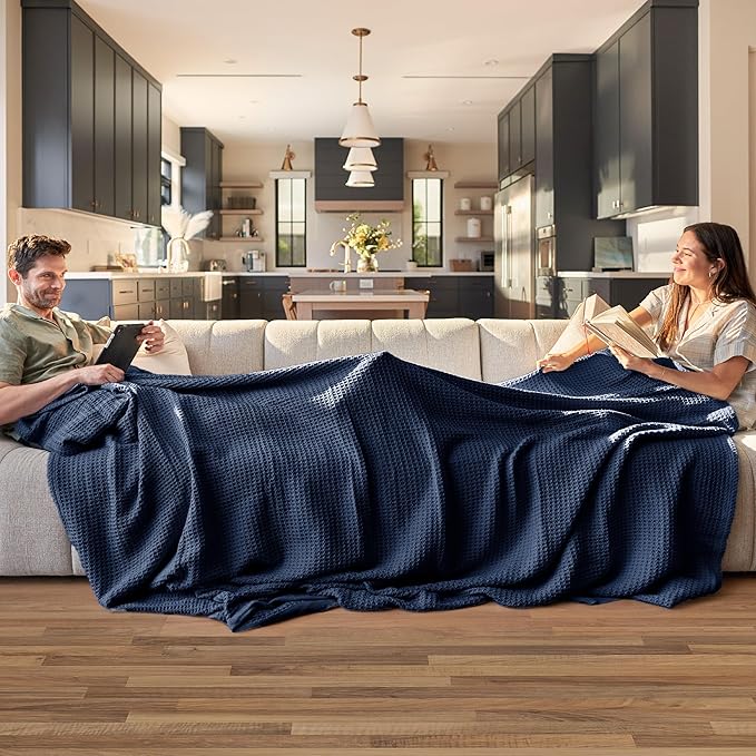 Bedsure 100% Cotton Blanket King Size for Bed - Breathable and Soft, Waffle Weave Blanket for Summer, Thick Cozy Fall Blankets for Women Gift, Pageant Blue, 104x90 inches-StrideForce Fitness