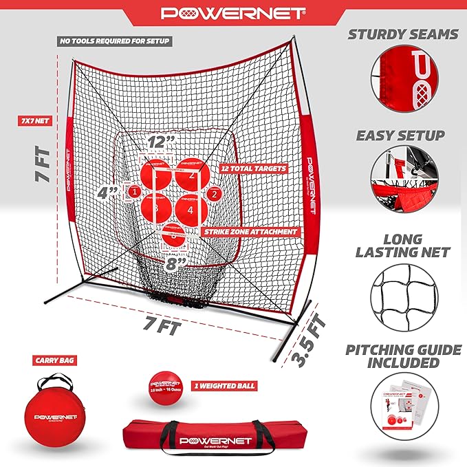 PowerNet Pitching Bundle, Baseball Net with Pitch Perfect Targets & Strike Zone Attachment, Weighted Ball, Softball Baseball Training Equipment to Increase Pitching Accuracy, 3 Net Sizes-StrideForce Fitness