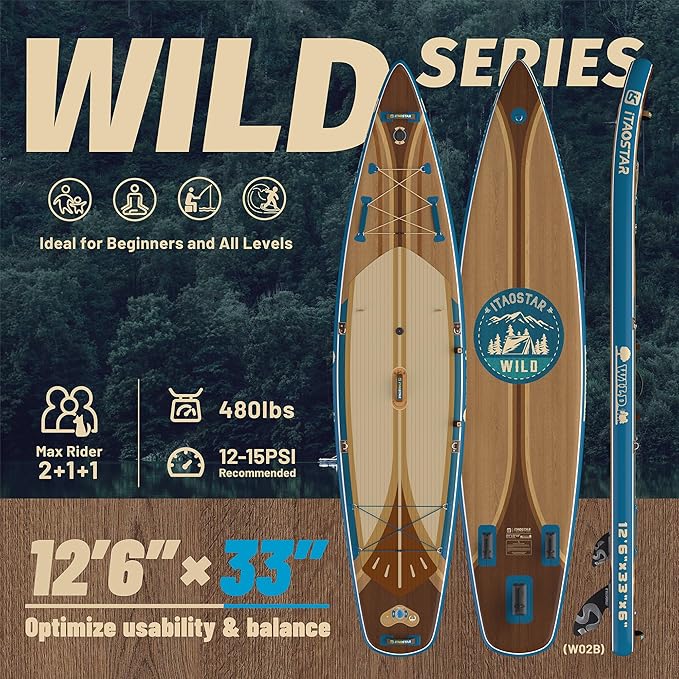 Wild 11'×36"/11'6"×34"/12'6"×33" Inflatable Paddle Board with Seat, One-Stop Premium SUP Board Gears, Tailored 5 Fins, Stable Inflatable Stand Up Paddle Boards for Youth/Adults of All Levels-StrideForce Fitness