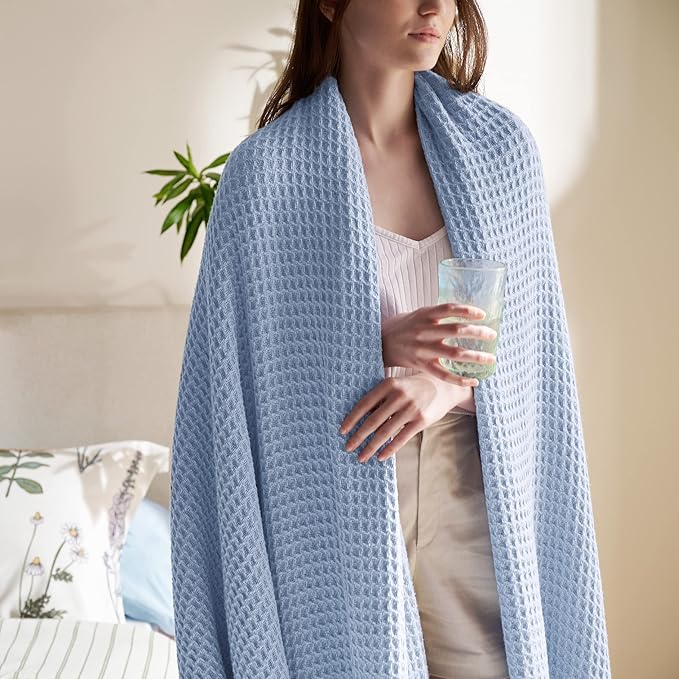 Bedsure 100% Cotton Blanket King Size for Bed - Breathable and Soft, Waffle Weave Blanket for Summer, Thick Cozy Fall Blankets for Women Gift, Sky Blue, 104x90 inches-StrideForce Fitness