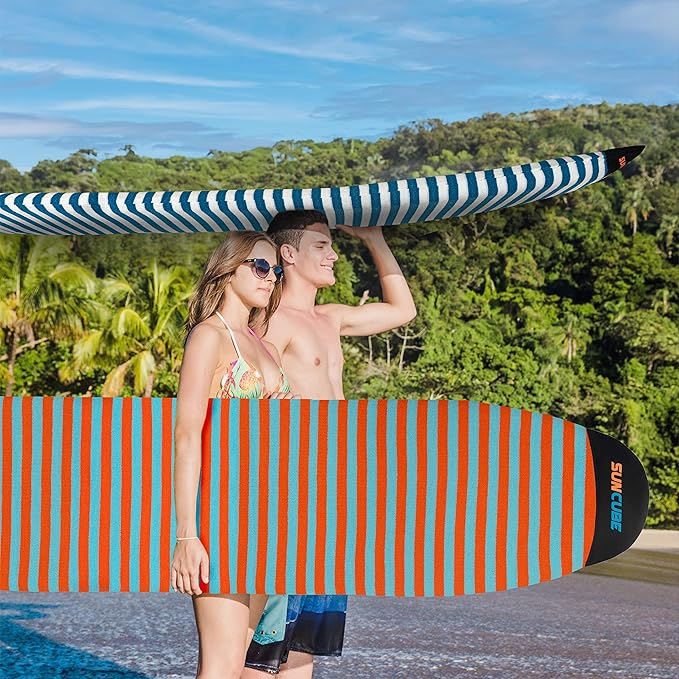 SUN CUBE Surfboard Sock Cover, Protective Surf Bag for Surfing Board, Light Stretchy Surfbag Sleeve for Longboard, Hybrid (8'6'', Black White)-StrideForce Fitness