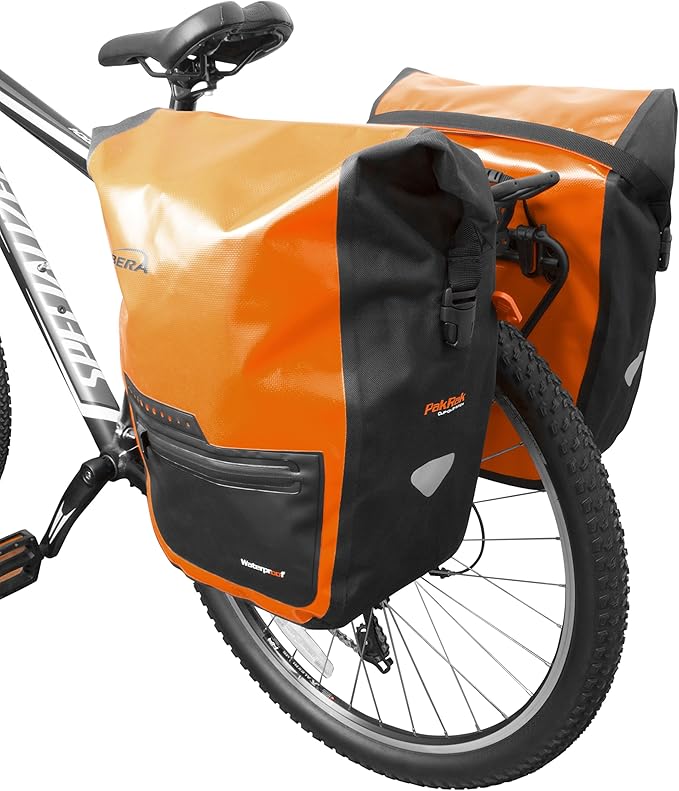Ibera Panniers Bike Bags 30L (Pair) - Waterproof & with Quick Release/Clip-On System - Bike Saddle Bags For Rear Rack with Rain Cover & 19.8 lbs Capacity - Saddle Bag Bicycle Fits Most Racks (Orange)-StrideForce Fitness