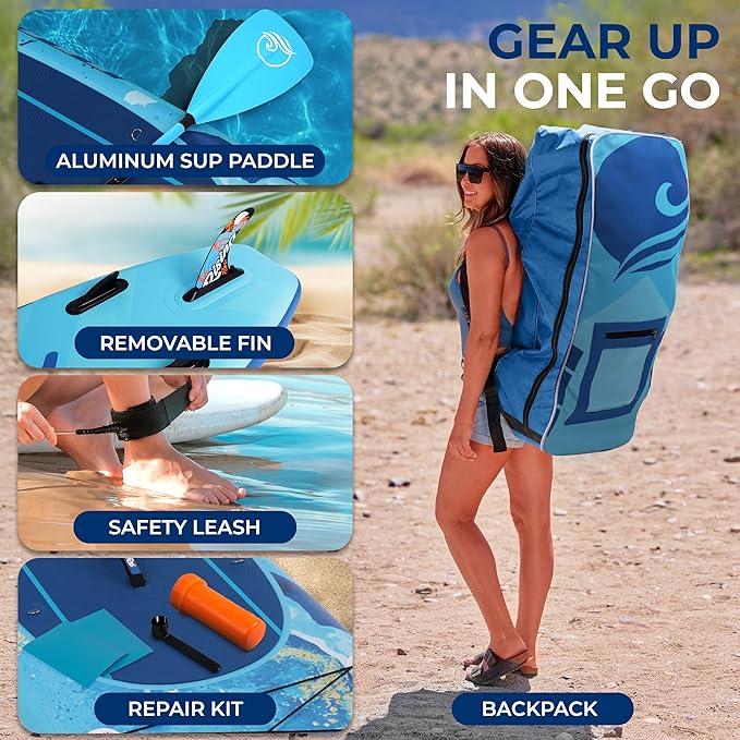 SereneLife Inflatable Stand Up Paddle Board with Premium SUP Accessories – Wide Stable Design with Non-Slip EVA Deck Pad for Adults and Youth of All Skill Levels, 350 lbs Capacity-StrideForce Fitness