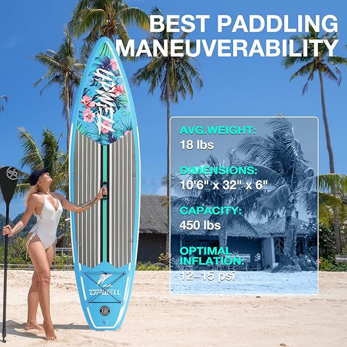 UPWELL 10'6"/11'/11'6" Inflatable Paddle Board, Stand Up Paddlboard for Youth & Adults, Stable Design, Premium SUP Accessories, Backpack, Leash, Hand Pump, Fins-StrideForce Fitness