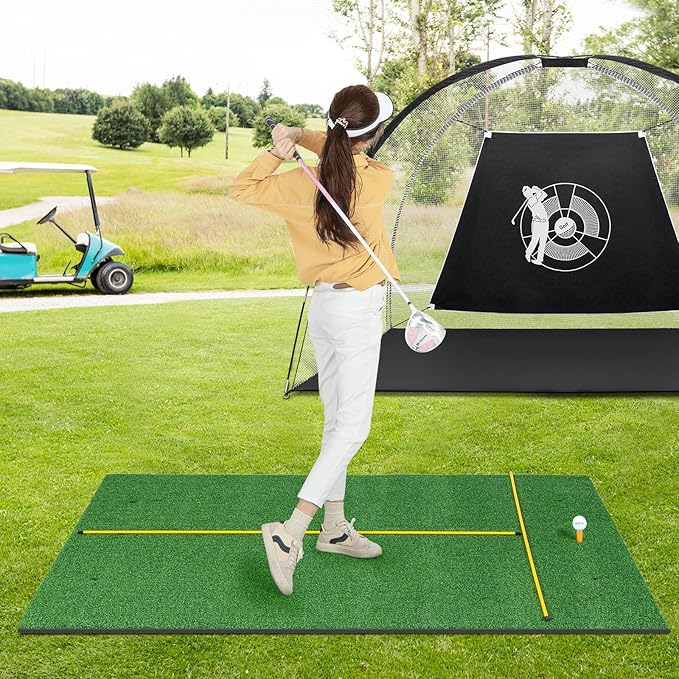 Tangkula Golf Hitting Mat, Artificial Turf Mat for Indoor/Outdoor Golf Practice Includes 2 Rubber Tees & 2 Alignment Sticks, Golf Training Mat for Home Backyard Garage-StrideForce Fitness