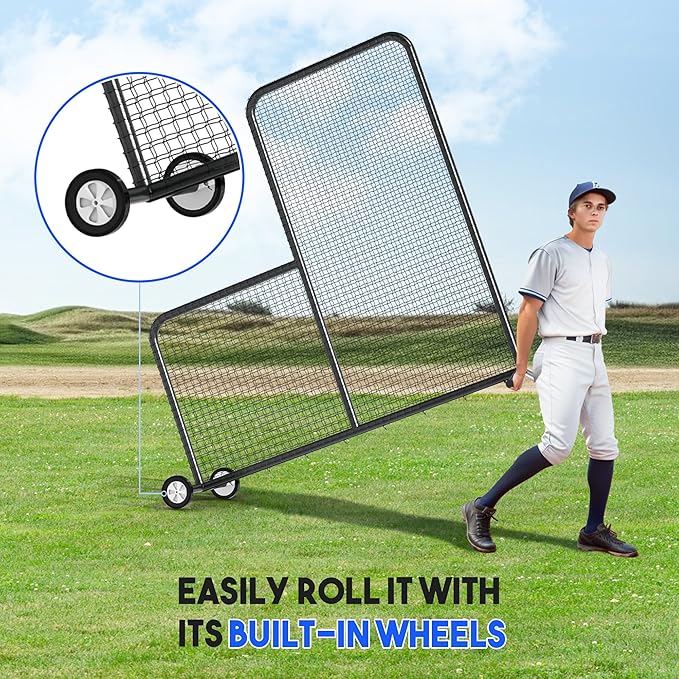 Yes4All Portable L-Screen Baseball 7x7ft with 2 Baseballs, Rubber Wheels - L Screen Baseball for Batting Cage, Protective Pitching Screen Net Double Layers, Carry Bag Included-StrideForce Fitness
