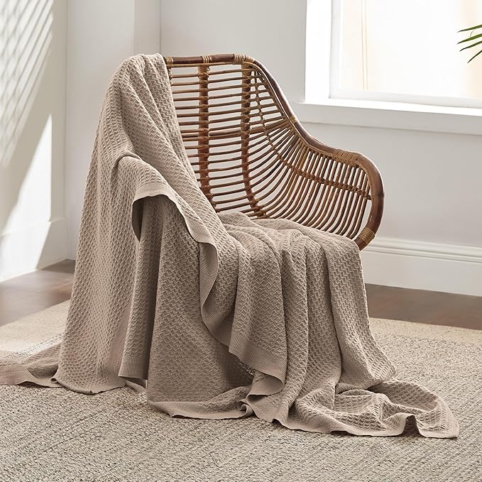 Bedsure 100% Cotton Large Throw Blanket for Couch 50x70 inches - Breathable and Soft, Waffle Weave Throw Blanket for Office, Taupe-StrideForce Fitness