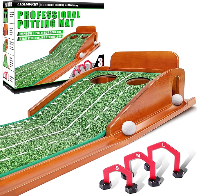 CHAMPKEY Premium Wooden Golf Mat with 3 Putting Gates - Realistic Putting Surface Simulates Green - Improve Accuracy-StrideForce Fitness
