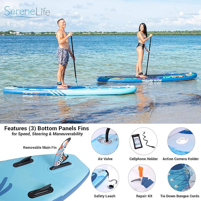 SereneLife Inflatable Stand Up Paddle Board with Premium SUP Accessories – Wide Stable Design with Non-Slip EVA Deck Pad for Adults and Youth of All Skill Levels, 350 lbs Capacity-StrideForce Fitness