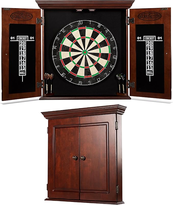 Barrington Dartboard Multiple Styles Pre-Assembled Wood Dartboard Cabinet Collection with 18” Bristle Dartboard & Steel Tip Dart Set, Perfect for Cricket Games-StrideForce Fitness