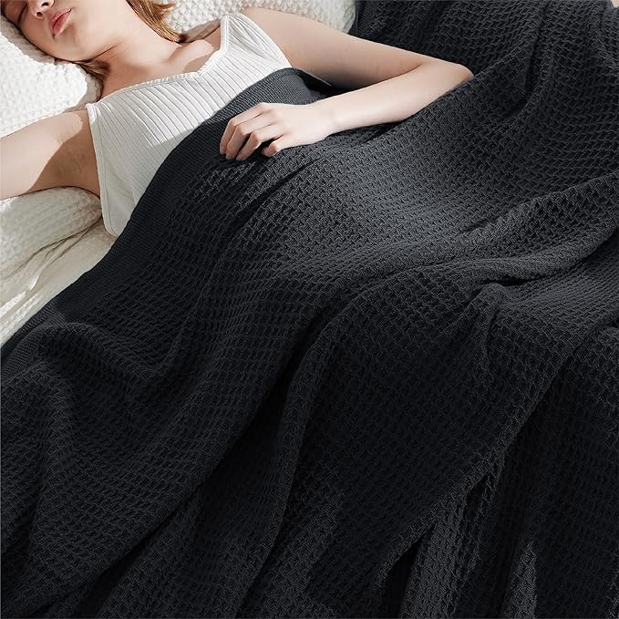 Bedsure 100% Cotton Large Throw Blanket for Couch 50x70 inches - Breathable and Soft, Waffle Weave Throw Blanket for Office, Black-StrideForce Fitness