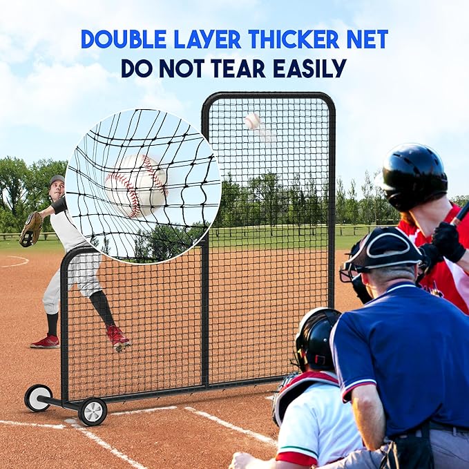Yes4All Portable L-Screen Baseball 7x7ft with 2 Baseballs, Rubber Wheels - L Screen Baseball for Batting Cage, Protective Pitching Screen Net Double Layers, Carry Bag Included-StrideForce Fitness