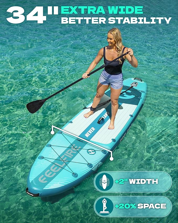 Feelfire11'x34” Extra Wide Inflatable Paddleboard, Stand-up Paddle Board for Adults, 420lb Capacity for Yoga/Fishing/Family, EVA Deck, US Fin, High-Pressure Pump, Storage Backpack, Safety Leash-StrideForce Fitness