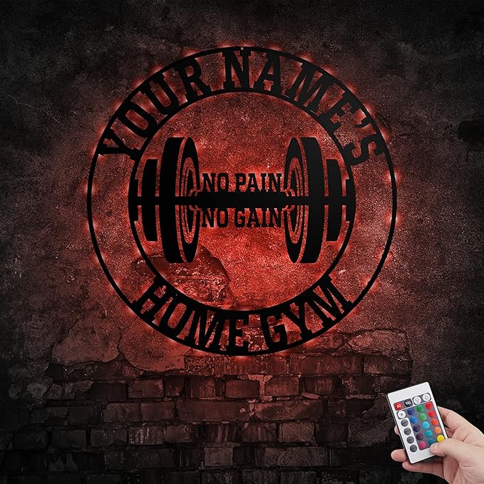 Personalized Home Gym LED Tin Metal Sign Multiple Sizes, Gym Sign Wall Decor, Exercise Workout Room Decor Fitness Center, Motivational Inspirational Hanging Wall Art Wall Plaque (03 w/lights)-StrideForce Fitness