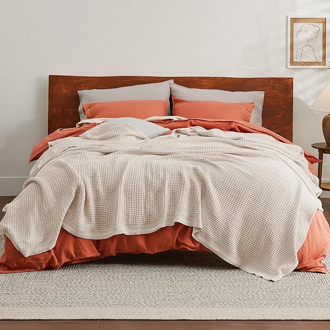 Bedsure 100% Cotton Blanket King Size for Bed - Breathable and Soft, Waffle Weave Blanket for Summer, Thick Cozy Fall Blankets for Women Gift, Khaki (a Little Bit Yellow), 104x90 inches-StrideForce Fitness