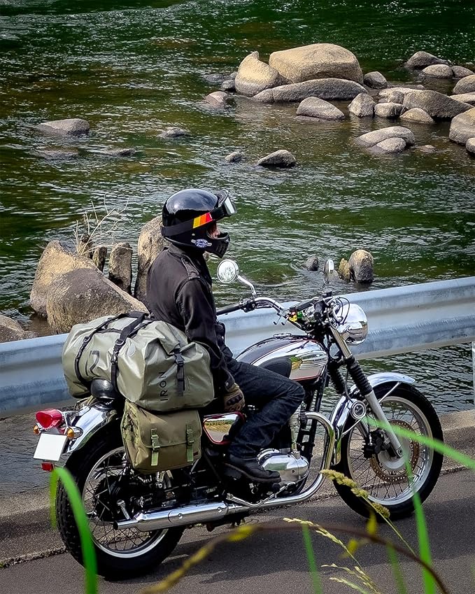 BORLENI Waterproof Motorcycle Dry Duffel Bag Luggage Tail Bag with Large Storage Space,Roll Top Closure, Shoulder Straps, Inner Pocket and Mesh Pocket for Motorcycling Travel Camping (Army Green,70L)-StrideForce Fitness