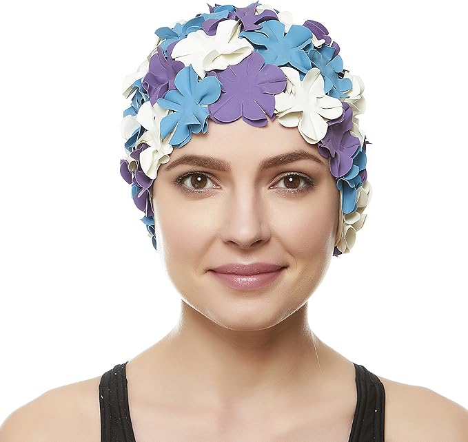 BEEMO Floral Petal Ladies Bathing Swim Cap Women Retro Swim Hat Long/Short Hair-StrideForce Fitness