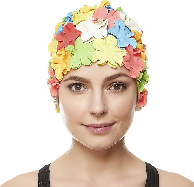 BEEMO Floral Petal Ladies Bathing Swim Cap Women Retro Swim Hat Long/Short Hair-StrideForce Fitness