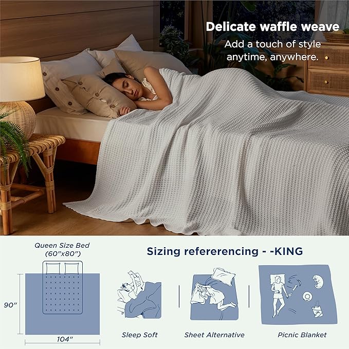 Bedsure 100% Cotton Blanket King Size for Bed - Breathable and Soft, Waffle Weave Blanket for Summer, Thick Cozy Fall Blankets for Women Gift, White, 104x90 inches-StrideForce Fitness