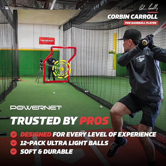 PowerNet Launch F-lite Softball & Baseball Pitching Machine, Dimpled Practice Balls, Bucket of Baseballs, Coaching Bucket Bundle for Pitching Machine, Baseball Training Equipment-StrideForce Fitness