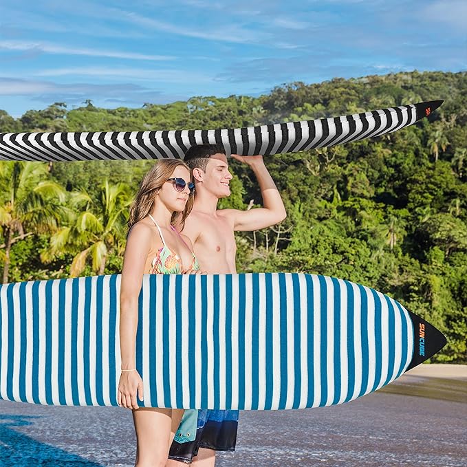 SUN CUBE Surfboard Sock Cover, Protective Surf Bag for Surfing Board, Light Stretchy Surfbag Sleeve for Longboard, Hybrid (8'6'', Black White)-StrideForce Fitness